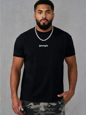 Mens YoungLA 4198 Core Fitted Ringer Tee Logo T-Shirt - Black Size Large